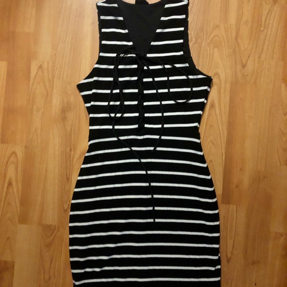 NBD Black and White Striped Bodycon Dress XS